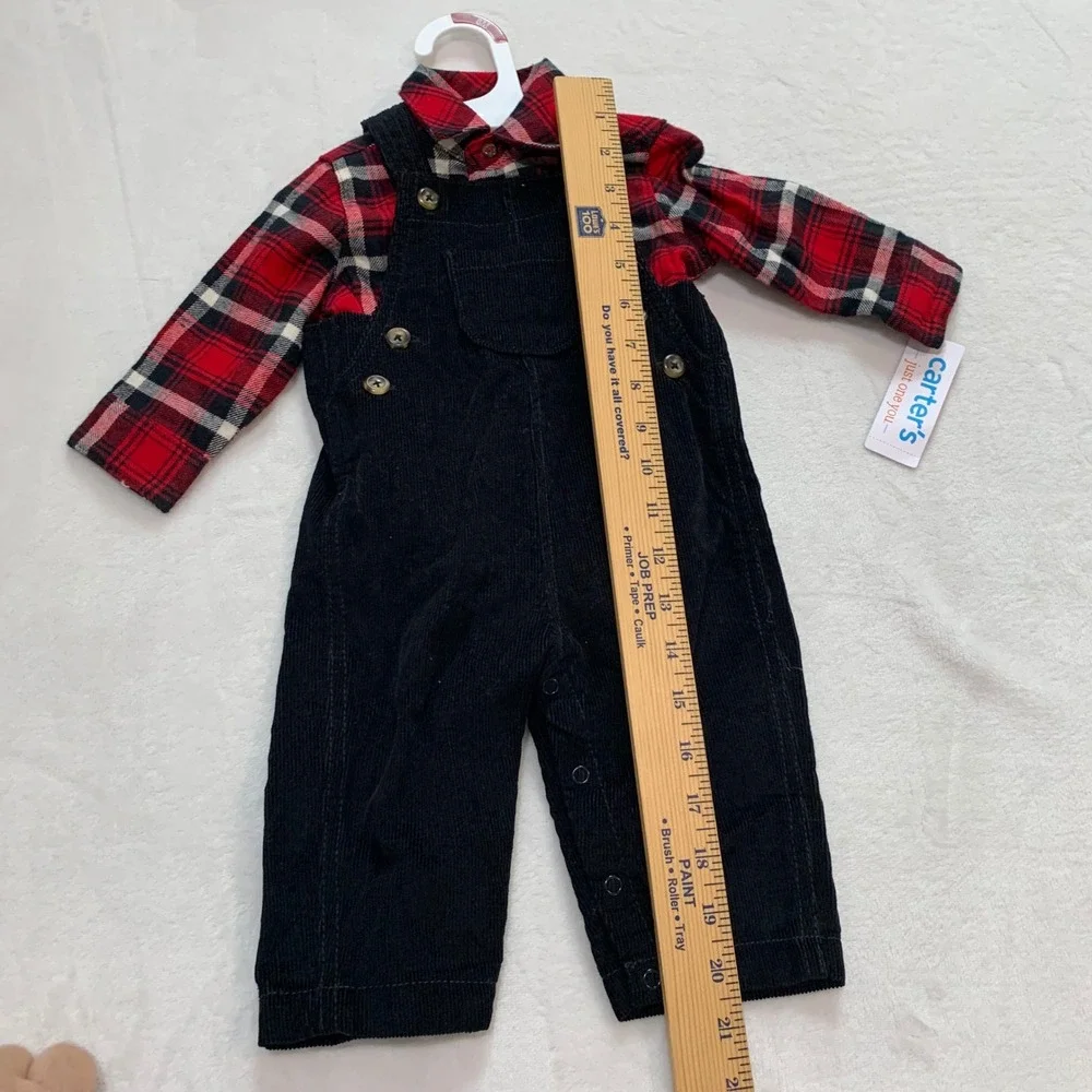 Carters plaid shirt and‎ black corduroy overalls 6 months new with tags